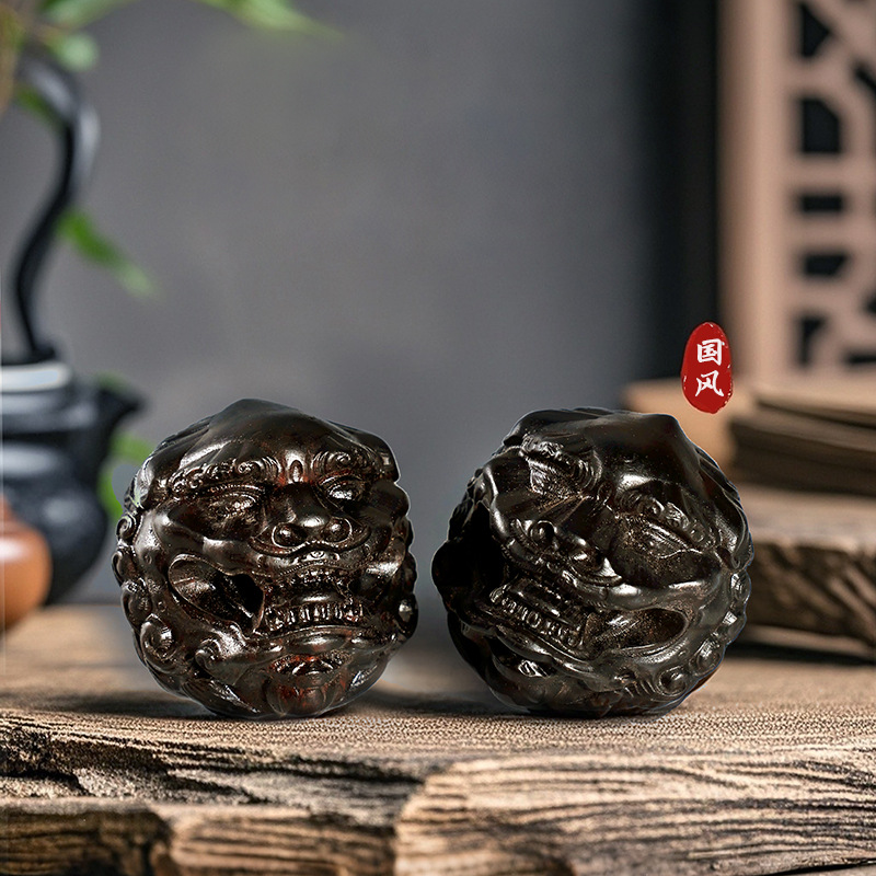 Art Craft Furniture - Chinese zwarte sandelhouten handgesneden leeuwenmassageballen, woondecoratie,